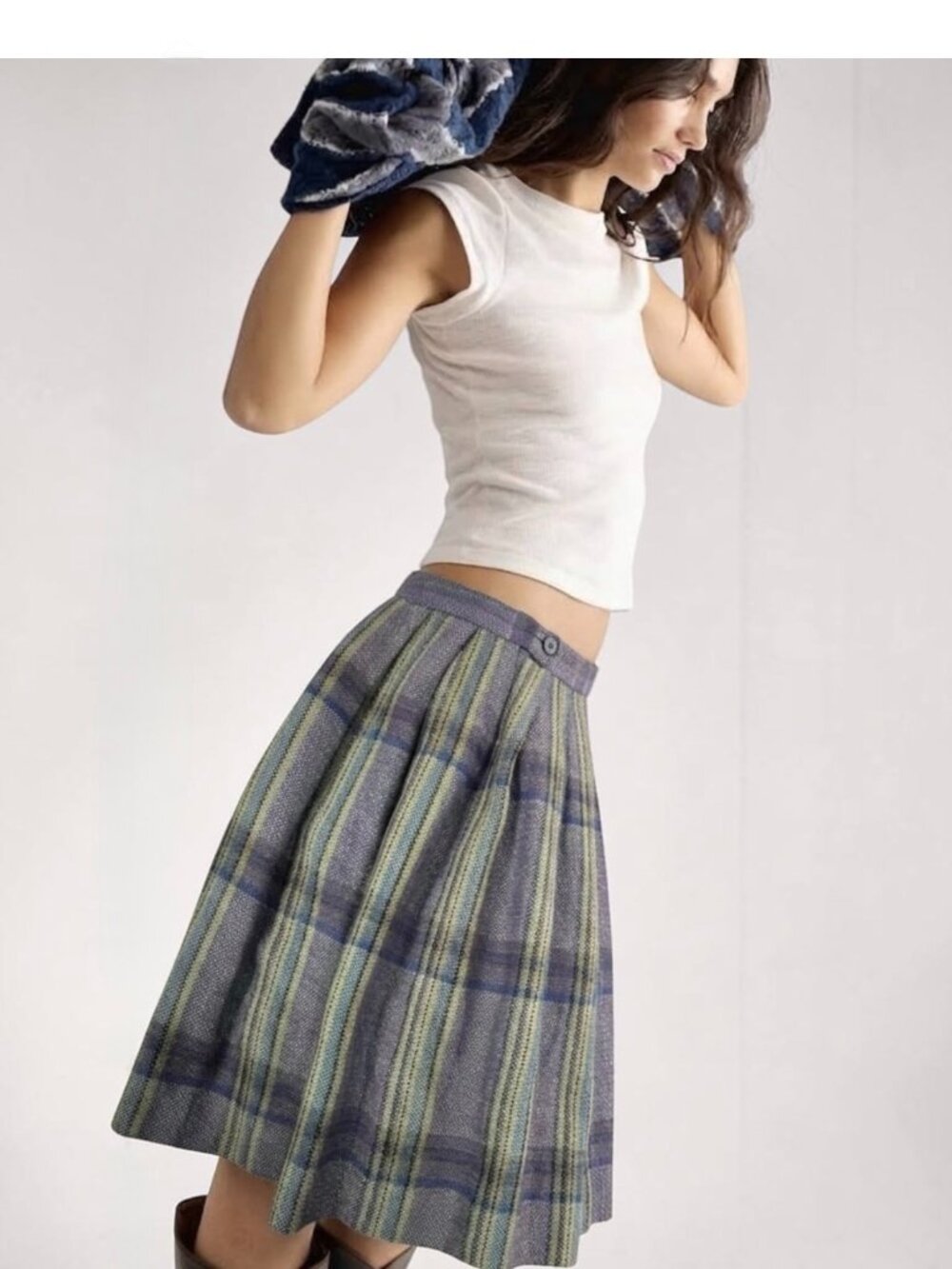 Vintage Wool Plaid Pleated Midi Skirt M Full Skirt Preppy Tartan